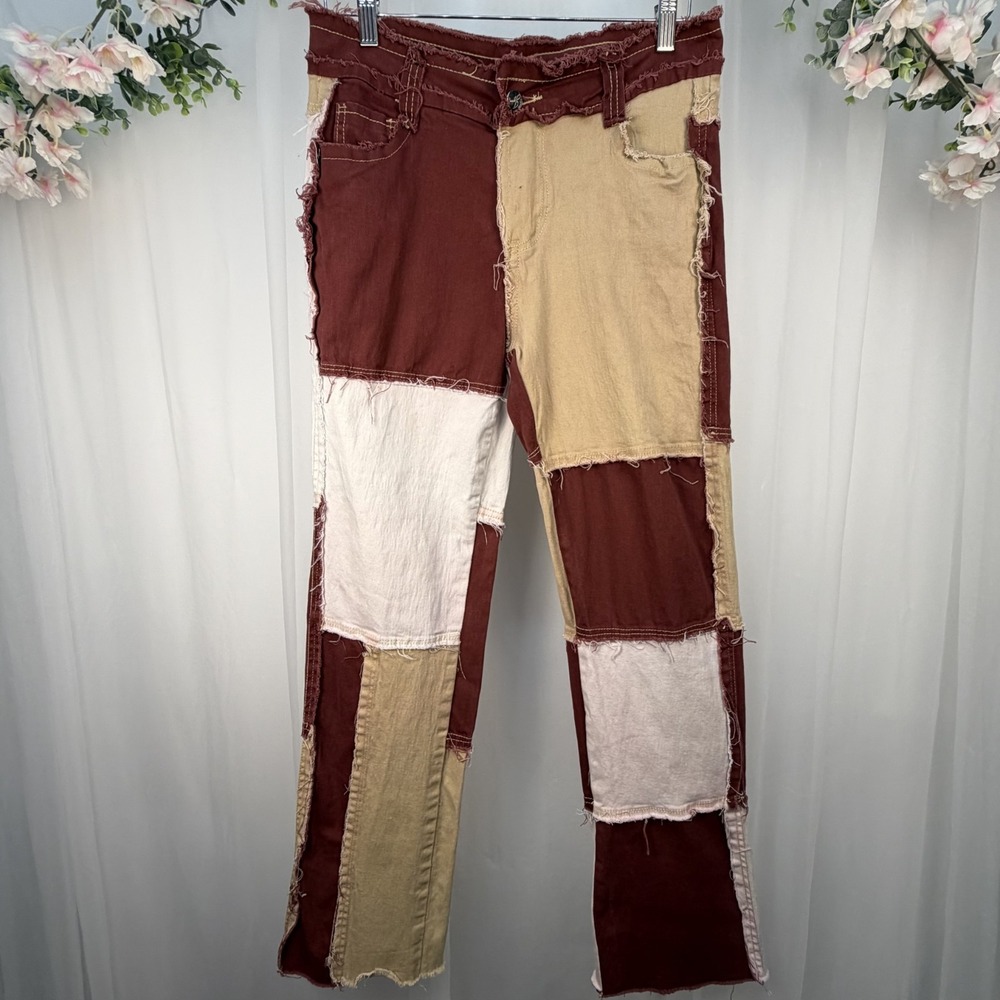 Women's Y2K Red Brown White Denim Jeans Patchwork Distressed Tapered Leg Sz 31"